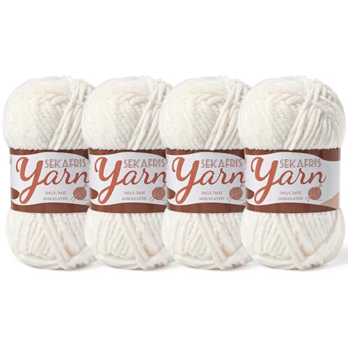 Image of 4 Pack Fluffy Velvet Yarn for Crocheting,Baby Blanket Yarn for Crocheting Soft,200g(262.4yds) Amigurumi Yarns,Plush Chenille Crochet Yarns,Puzzle Yarn for Crochet Weaving Craft(4 White)