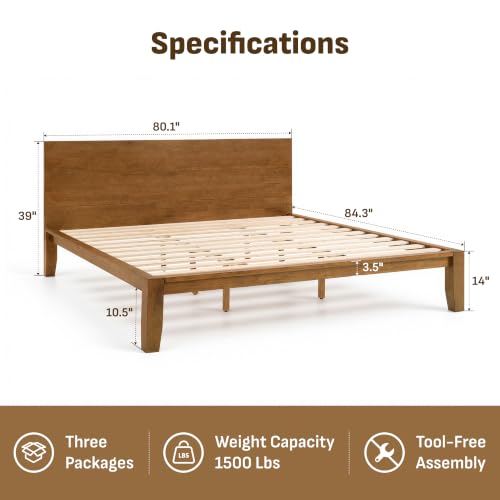 Image of Softa Mikor King Japanese Joinery Bed Frame with Headboard, Solid Rubberwood, 1500 Lbs Heavy Duty Slats Support, SGS Certified, No-Tool Setup, Hidden Storage, USB-A /C Port, No Box Spring Needed
