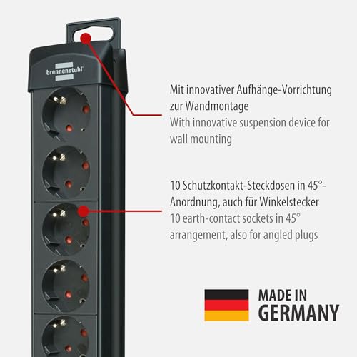Brennenstuhl Premium-Line, Steckdosenleiste 10-Fach (Steckerleiste mit Schalter und 3m Kabel, Mehrfachsteckdose mit 45° Winkel der Schutzkontakt-Steckdosen, Made in Germany) schwarz
