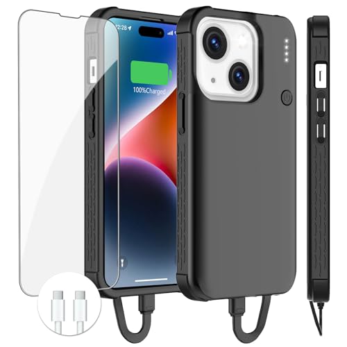 GIN FOXI Battery Case for iPhone 15/15 Pro，Built-in Cable & 【2024 Exclusive Edition】 7000mAh Fast 15W Rechargeable Portable Extended Charger Case Cover for iPhone 15/15 Pro Charging Case，Black