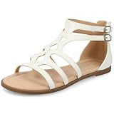 Journee Womens cushioned footbeds Genneva Gladiator Sandal flat sole ankle bucke multi strap open toe White, 9.5