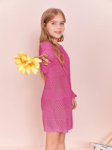 Image of Batermoon Girls Crochet Long Sleeve Swimsuit Cover Up Kids Fashion Hollow Out Swimwear Beach Dress 5-14 Years