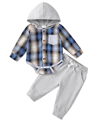 Renotemy Newborn Infant Baby Boy Clothes Winter Baby Boy Fall Outfits Blue Plaid Flannel Baby Hoodie Romper Preemie Baby Clothes for Boys 0-3 Months