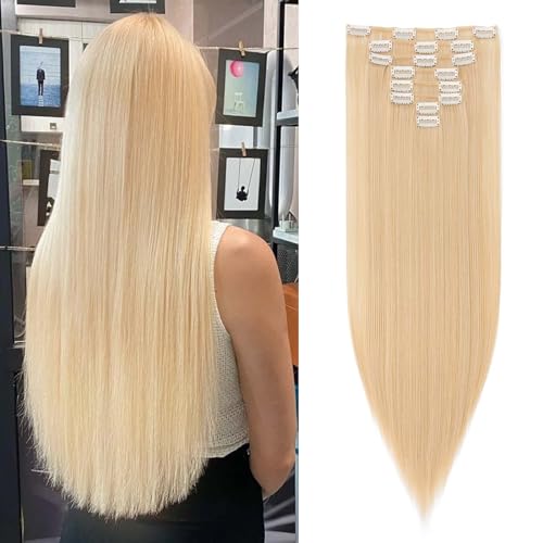 SEGOHAIR Hair Extensions Clip in 8Pcs 18 Clips Synthetic Fiber Seamless Clip in Hair Extensions, 23" Long Straight Clip in Hair Extensions Full Head -Golden mix Bleach Blonde