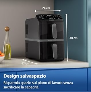 Philips Airfryer Serie 4000, Friggitrice ad Aria Doppio cestello Verticale da 10L, Tecnologia RapidAir, Funzione Sync, Rivestimento in ceramica no PFAS, Finestre, 45% più piccola (NA460/00)