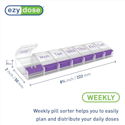 Image of Ezy Dose Weekly (7-Day) Pill Organizer, X-Large Medicine Case, Purple /Clear | Daily Vitamin & Supplement Planner, Spacious Push-Button Compartments, Convenient & Easy to Use, Travel-Friendly, BPA-Free
