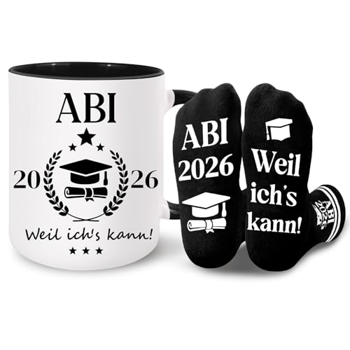 Bingtoo Abitur 2026 Geschenkset Tasse & Socken ABI 2026 Geschenke Lustiges Abschlussgeschenk mit Spruch Weil ichs kann! ABI Glücksbringer Deko
