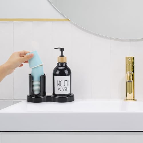 Image of Mouthwash Dispenser for Bathroom, 16oz Plastic Mouthwash Dispenser with Cup Holder and Tray Mouth Wash Bottle Container - Black