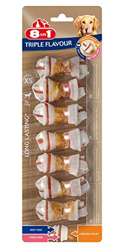 8in1 Triple Flavour Bones XS - Huesos de Perro masticables con Filete de Pollo, Piel de Cerdo y Piel de Res, 7 uds.