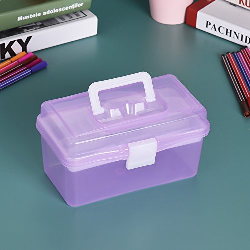Image of Craft Storage Container with Handle 2 Layer Stack Carry Portable Plastic Bin Case Used for Organizing Stationery Sewing Jewelry Beauty Supplies (Purple)