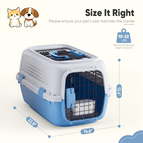 DUMOS 23" Hard-Sided Pet Carrier for Small Dogs & Cats, Airline Approved Travel Crate with Enhanced Security Latches, Front & Top Load Wire Door, Food Bowl for Traveling, Hiking, Camping, Blue by DUMOS - Used condition - Image 5
