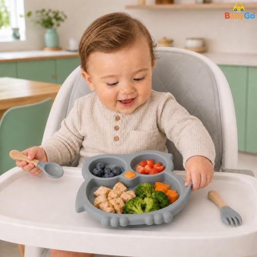 Image of BabyGo Silicone Suction Plate for Babies & Toddlers | 3-Section Owl-Shaped Feeding Set | Strong Suction Cups | BPA-Free, Microwave Safe | Self-Feeding| 1 Plate & 2 Spoons | Grey