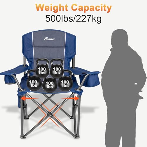 Image of Romswi Oversized Camping Chairs,Heavy Duty Support 500 LBS,Padded Back & Arm Sport Chairs, Cup Holder Cooler Bag, Collapsible Folding Chairs for Outdoor, Fishing & Garden, Blue,2-Pack