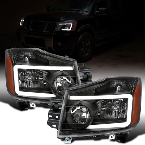 Ronnin - Fits 2004-2007 Nissan Armada 2004-2015 Titan Upgraded LED Running Tube Lights Headlights Replacement Assembly Pair | Black