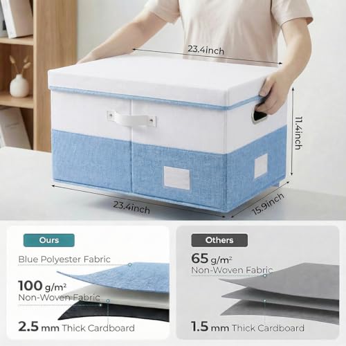 Image of PRANDOM Storage Bins with Lids [3-Pack] Linen Fabric Foldable Storage Boxes Organizer Containers Baskets Cube with Cover for Bedroom Closet Office White&Blue (23.4X15.9X11.4)