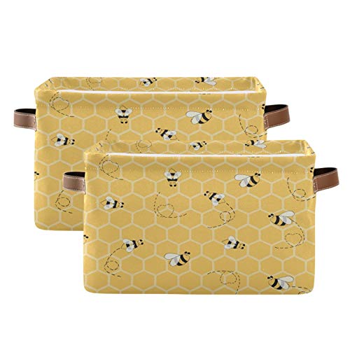 Image of AUUXVA Storage Basket Yellow Bee Storage Cube Box Set of 2 Durable Canvas Collapsible Toy Basket Honeycomb Beehive Organizer Bin with Handles for Shelf Closet Bedroom Home Office