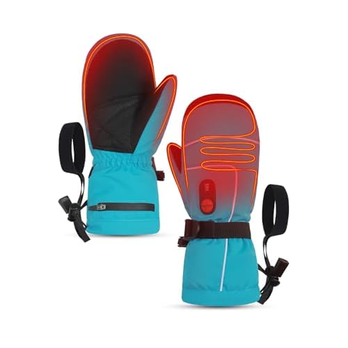 Heated Gloves for Kids, 7.4V Rechargeable Battery Winter Gloves for Boys Girls, Waterproof Windproof Heated Mittens for Kids, Outdoor Skiing Snowboarding Sledding Cold Weather Blue Large