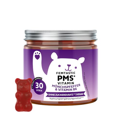 Femtastic PMS Vitamin Für dein prämenstruelles Wohlbefinden Mit 30 mg Mönchspfeffer Vitamin B6 und Dong-Quai-Extrakt 30 Stück (1-Monat) ohne zugesetzten Zucker vegan Bears with Benefits