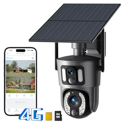 4G LTE Cellular Security Camera, Dual Lens Security Camera, Ptz Camera Outdoor with 10X Optical Zoom, Battery Solar Panel Floodlight Camera, Ai Motion Detection, Ip67, Free 64G Storage & Sim