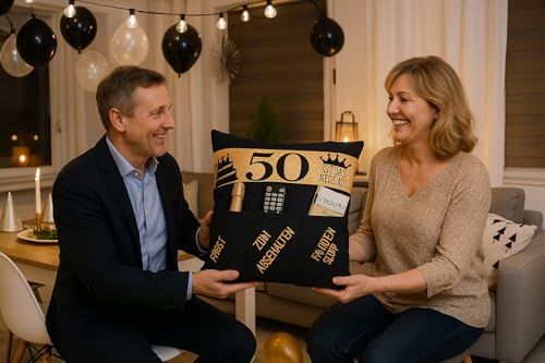 KAMACA Originelles Dekokissen Kissen mit 3 Taschen zum selber Befüllen Größe 43x43 cm tolles Geschenkzum runden Geburtstag (50. Geburtstag)