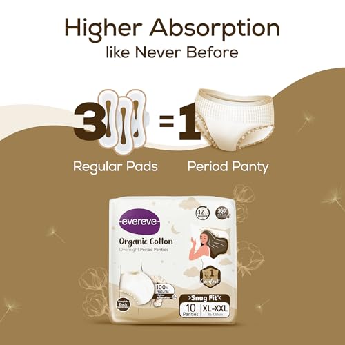 Image of Evereve Organic Cotton Period Panty for Girls & Women, (XL-XXL), 10 Pcs, 360 Degree Overnight Coverage, 100% Natural Comfort, High Absorbency for Heavy Flow, Maternity Postpartum Disposable Panty