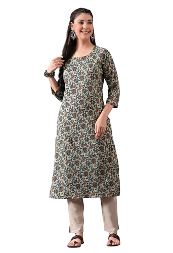 Image of Ichaa Women's Pure Cotton A-Line Katha-Work Ethnic Round-Neck Kurta with 3 /4th Sleeve for Daily and Office Wear, in Plus Sizes