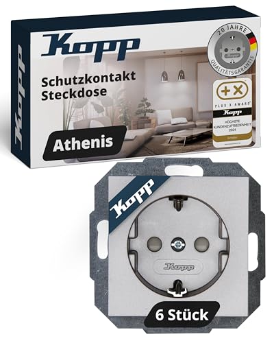 Kopp ATHENIS Schutzkontaktsteckdose in Stahlfarben - 6 Stück - 1-fach Einbausteckdose mit erhöhtem Berührungsschutz - IP20 Unterputz-Steckdose mit Schutzkontakt - Steckdosen-Unterputz 16A / 250V~