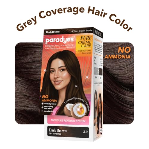 Image of Paradyes Pure Creme Care No Ammonia Hair Color Dark Brown 3.0 | Long-Lasting Creme Formula | Grey Coverage | Coconut Milk + Almond Oil + Hyaluronic Complex | Smooth & Shiny Finish | 120g+40 ml