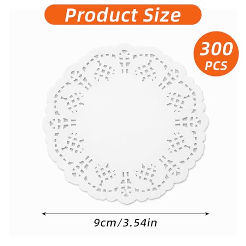 DOPENSPI 300 Stück Rund Tortenspitze,9cm Tortenspitzen Spitzenpapier Spitzen-Untersetzer Weiße Spitze Papier Küche Backpapier Tischset Papier für Geburtstag Hochzeit Party Kuchen Pizza Pappteller
