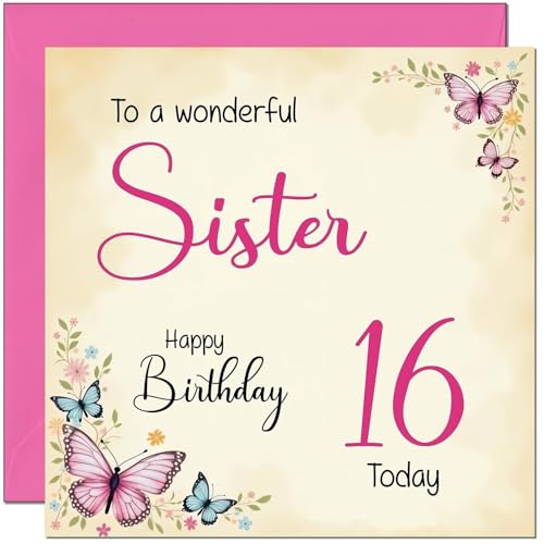 16th Sister Birthday Card - Beautiful Butterfly Floral Sisters Birthday Card for 16 Year old teenage Kids sixteen sixteenth