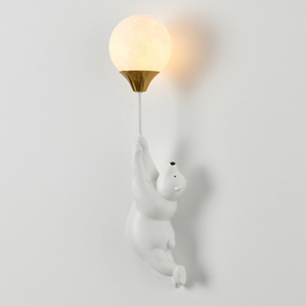 Lampa ścienna do sypialni mały niedźwiedź żywica z nadrukiem 3D księżyc klosz G9 oprawka dekoracyjna ściana oświetlenie z okablowaniem (biały)