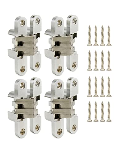 Qwork 4 Pack Stainless Steel Hidden Door Hinges, Invisible Hinges, 3-3/4" Leaf Height, 3/4" Leaf Width, Mortise Mount Invisible Hinge, Concealed Cross Hinge Invisible With 4 Holes #TOP6