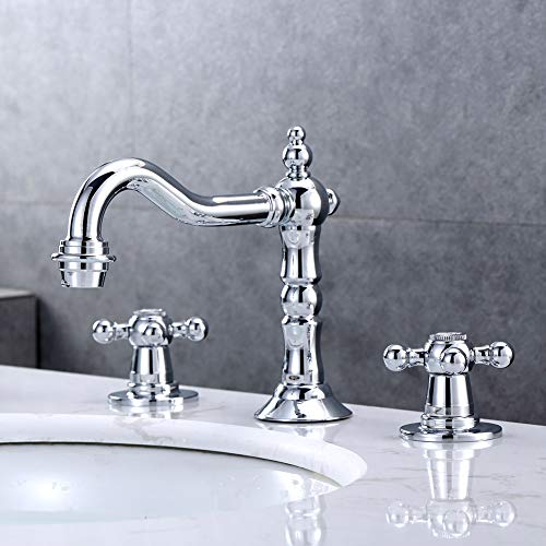KAIMA Bathroom Sink Faucet Chrome Finished Double Mixing Tap Deck Mount Cross Knobs 3 Holes