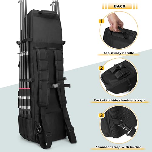 Rexmica Fishing Backpack Holds 8 Rods & Reels, Fishing Tackle Bag with Compartment for Tackle Boxes, Fishing Gear or Equipment, Fishing Rod Case Backpack, Fishing Pole Bag with Tactical Molle System