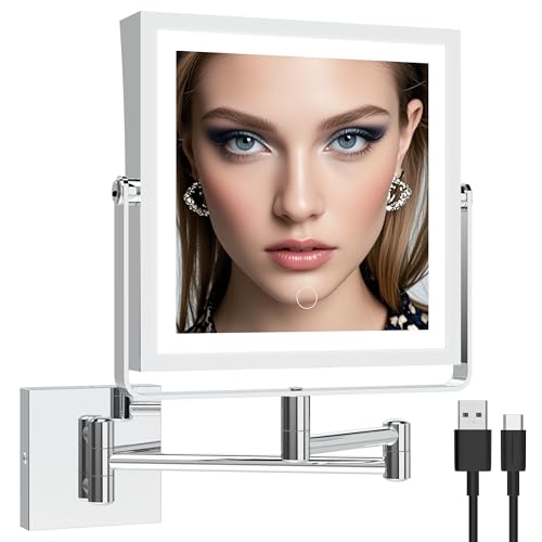 Ruacq Rechargeable Wall Mounted Makeup Mirror with Lights, Double Sided 1X/7X Magnifying Vanity Mirror with 3 Color Lighting, Touch Screen Dimmable, 360° Rotation Extension Foldable Arm(Chrome)