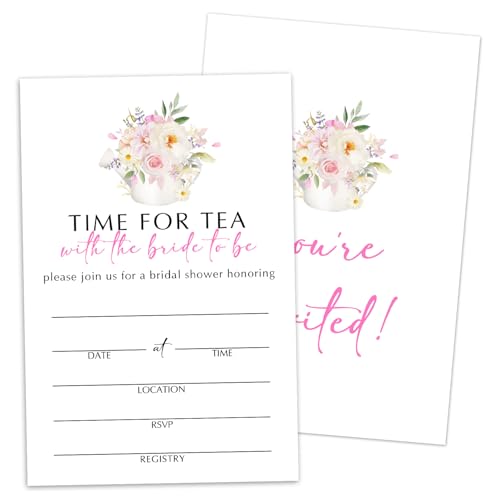 WwongxianB Time For Tea Bridal Shower Invitations Cards, Set of 25 Teapots Floral Fill in Style Invites Cards with Envelopes, Wedding New Couples Engagement Bachelorette Party Supplies-T08