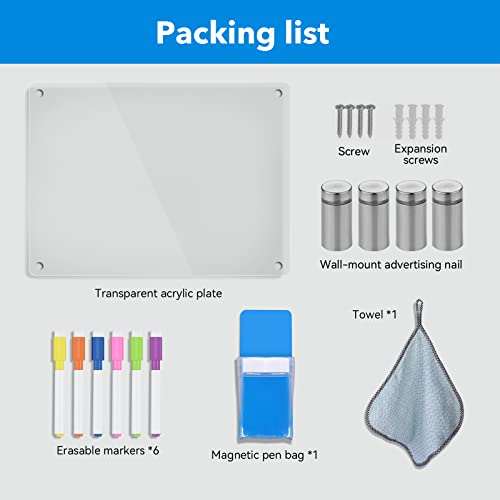 Trohestar Acrylic Dry Erase Board Wall Mount Non-Magnetic Floating Dry Erase Board Hanging Frameless White Board Acrylic Board For Office And Home Walls Dry Erase Board For Wall (12"X18", Clear) #TOP6