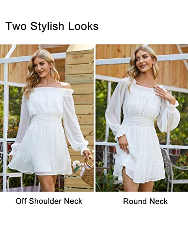 Uguest Women's Summer Off The Shoulder Chiffon Dress, Long Sleeve Flared Casual Cocktail Party Dress, White Xl #TOP1