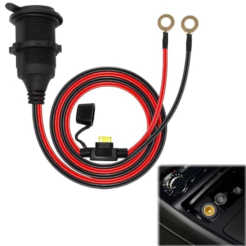 1PC Car Cigarette Lighter Socket 12V/24V Car Plug High Power Fixe Fixed Cigarette Lighter Adapter Waterproof 13AWG Fused Extension Cable 1 M 20A with Eyelet Terminals for Vehicle Tractor Boat Black