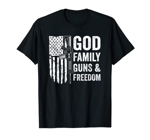 GOD FAMILY GUNS & FREEDOM - Bandiera Pro Gun Christian Faith USA Maglietta