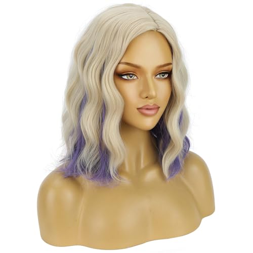 Image of BERON Women Blonde Mixed Purple Short Wavy Wig Girls Shoulder Length Curly Wigs Side Part Heat Resistant Synthetic Wig for Cosplay Costume Daily or Party