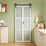 Paintable Frosted Glass Bi-Fold Sliding Barn Door, Pre-Assembled Solid Core Panel Bifold Barn Door with Hardware Kit Included, Water-Resistant Primed White Finish, Effective Sound Reduction,36'×84'