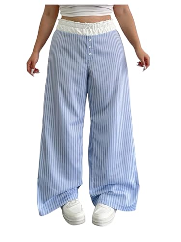 MakeMeChic Women's Plus Size Y2K Striped Baggy Pants Bow Button Wide Leg Trousers
