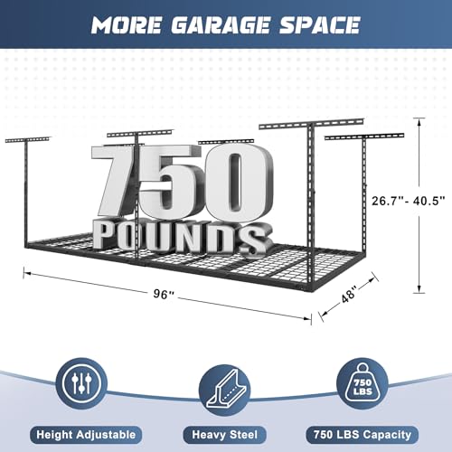 Jusgym 4X8FT Overhead Garage Storage Rack, 22\"-48\" Height Adjustable Garage Ceiling Storage Racks, Heavy Duty Metal Overhead Storage Organizer System, 750LBS Weight Capacity