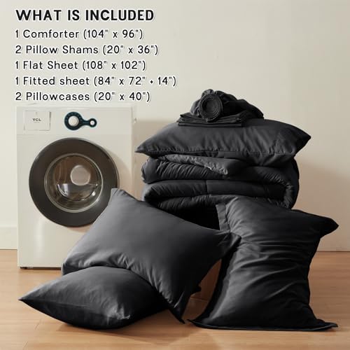 Image of California King Size Comforter Set 7 Piece,Black Bed in a Bag Bedding Sets | Zzlpp OEKO-TEX Certified,Luxury,Lightweight,All Season,Down Alternative Comforter,Breathable sheets & pillowcases