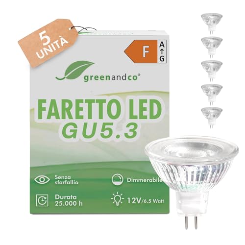 greenandco 5x MR16 GU5.3 | dimmerabile | sostituisce 45W | bianco caldo 3000K | IRC 90+ | 6,5W 510 lm | 38° | senza sfarfallio | COB LED spot | 12V AC/DC