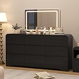 SOLACE FURNITURE 63' Wide 9 Drawer Dresser with Mirror and Lights, Long Modern Wooden Dresser for Bedroom, Large Storage Chest of Drawers for Living Room Apartment, Black