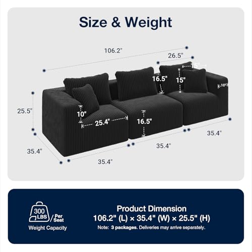 Image of Avenco 106-inch 3-Seater Modular Sofa Couch, Corduroy Fabric