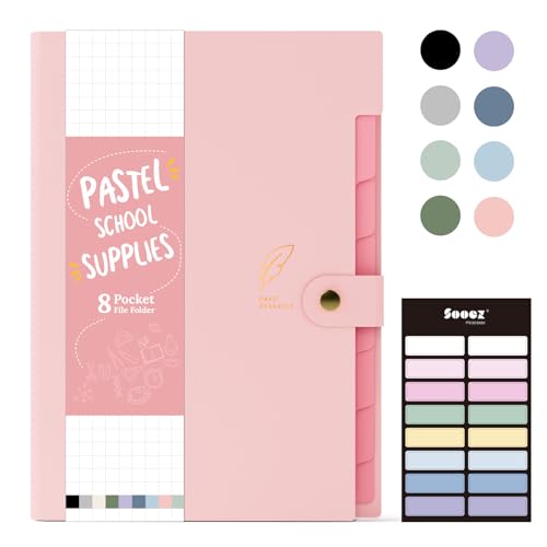 Sooez Aesthetic 8 Pocket Accordion File Organizer, Pastels Expanding File Folder for Important Document with Labels, Portable Receipt Bill Paper Organizer for Office School Supplies, Letter Size Pink