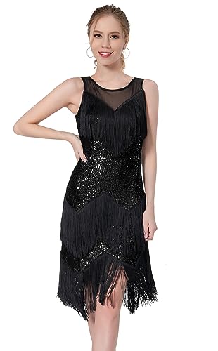 Z&X Damen Salsa Latein-Tanzkleid Glitzer Pailletten Fransen Flapper Partykleid Ballsaal Tanz-Outfits, 025 Schwarz, X-Groß
